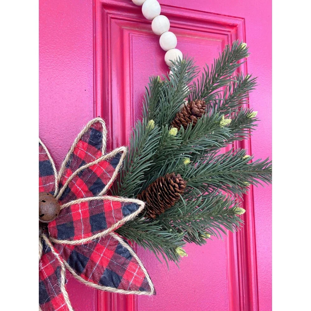Plaid Christmas Beaded Wreath, Holiday Beaded Plaid Wreath, Bells, Pinecones